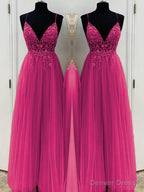 A-Line/Princess V-neck Floor-Length Tulle Prom Dresses With Beading