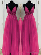 A Line V Neck Floor Length Tulle Prom Dresses With Beading