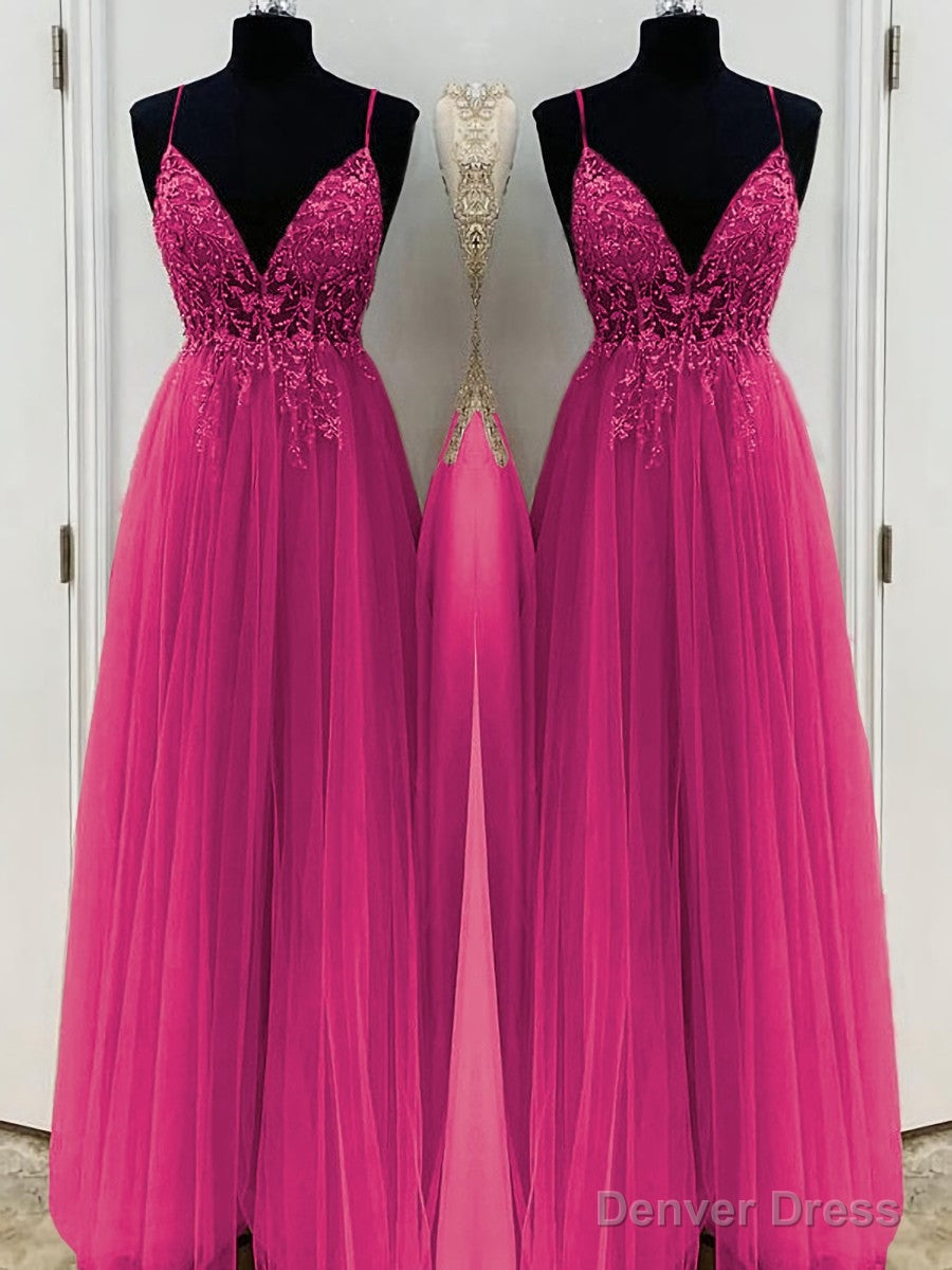 A Line V Neck Floor Length Tulle Prom Dresses With Beading