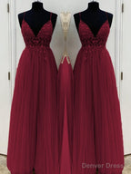 A-Line/Princess V-neck Floor-Length Tulle Prom Dresses With Beading