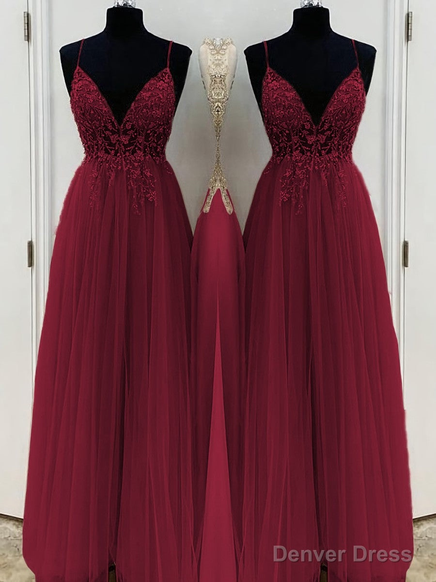 A-Line/Princess V-neck Floor-Length Tulle Prom Dresses With Beading