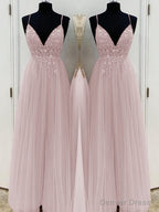 A-Line/Princess V-neck Floor-Length Tulle Prom Dresses With Beading