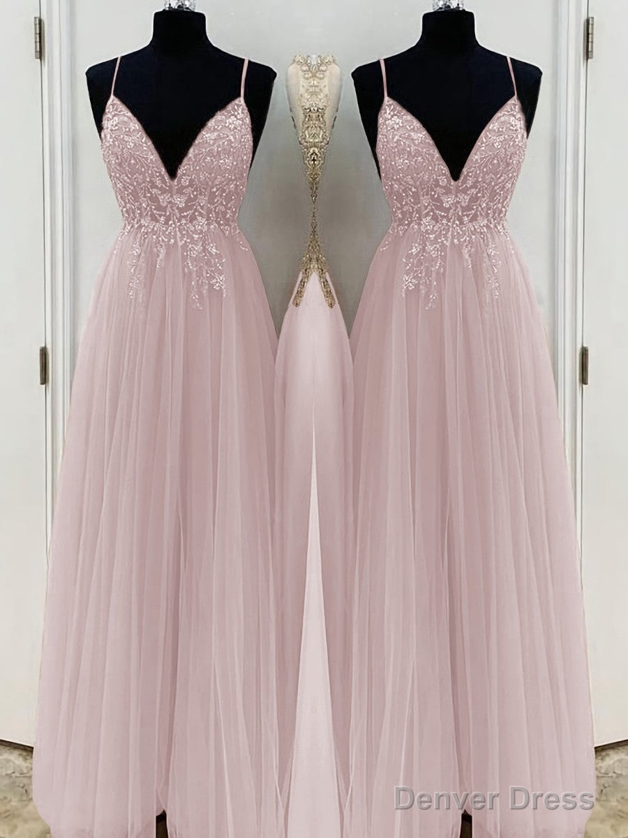 A-Line/Princess V-neck Floor-Length Tulle Prom Dresses With Beading