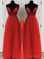 A-Line/Princess V-neck Floor-Length Tulle Prom Dresses With Beading