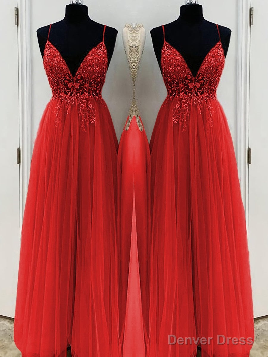 A-Line/Princess V-neck Floor-Length Tulle Prom Dresses With Beading