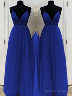 A-Line/Princess V-neck Floor-Length Tulle Prom Dresses With Beading