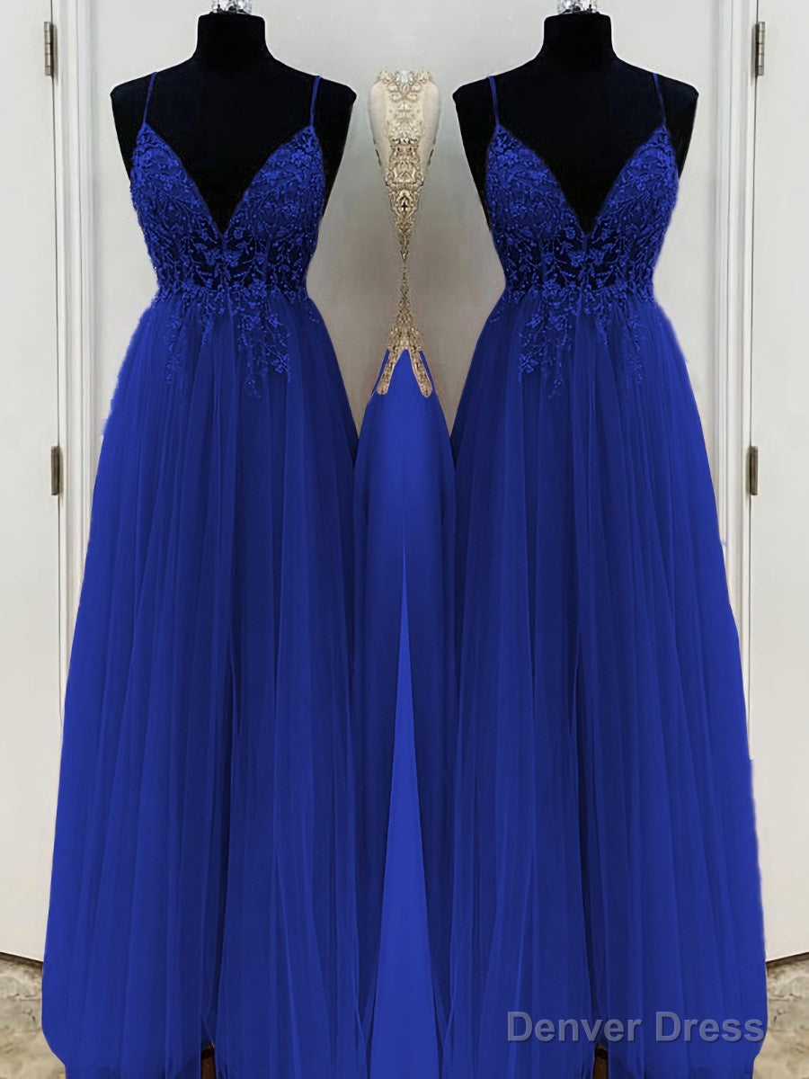 A-Line/Princess V-neck Floor-Length Tulle Prom Dresses With Beading