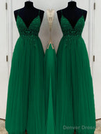 A Line V Neck Floor Length Tulle Prom Dresses With Beading
