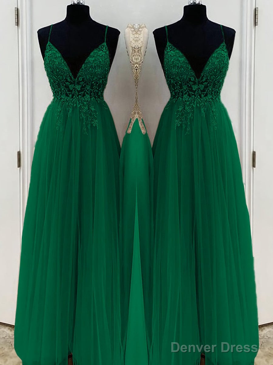 A Line V Neck Floor Length Tulle Prom Dresses With Beading