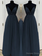 A-Line/Princess V-neck Floor-Length Tulle Prom Dresses With Beading