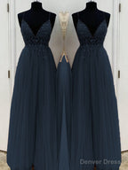 A Line V Neck Floor Length Tulle Prom Dresses With Beading
