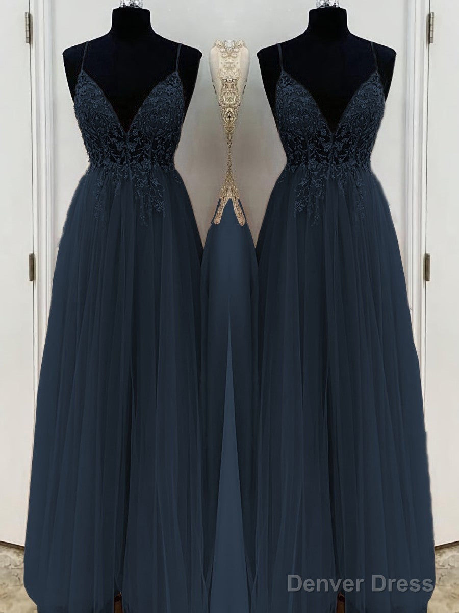 A Line V Neck Floor Length Tulle Prom Dresses With Beading
