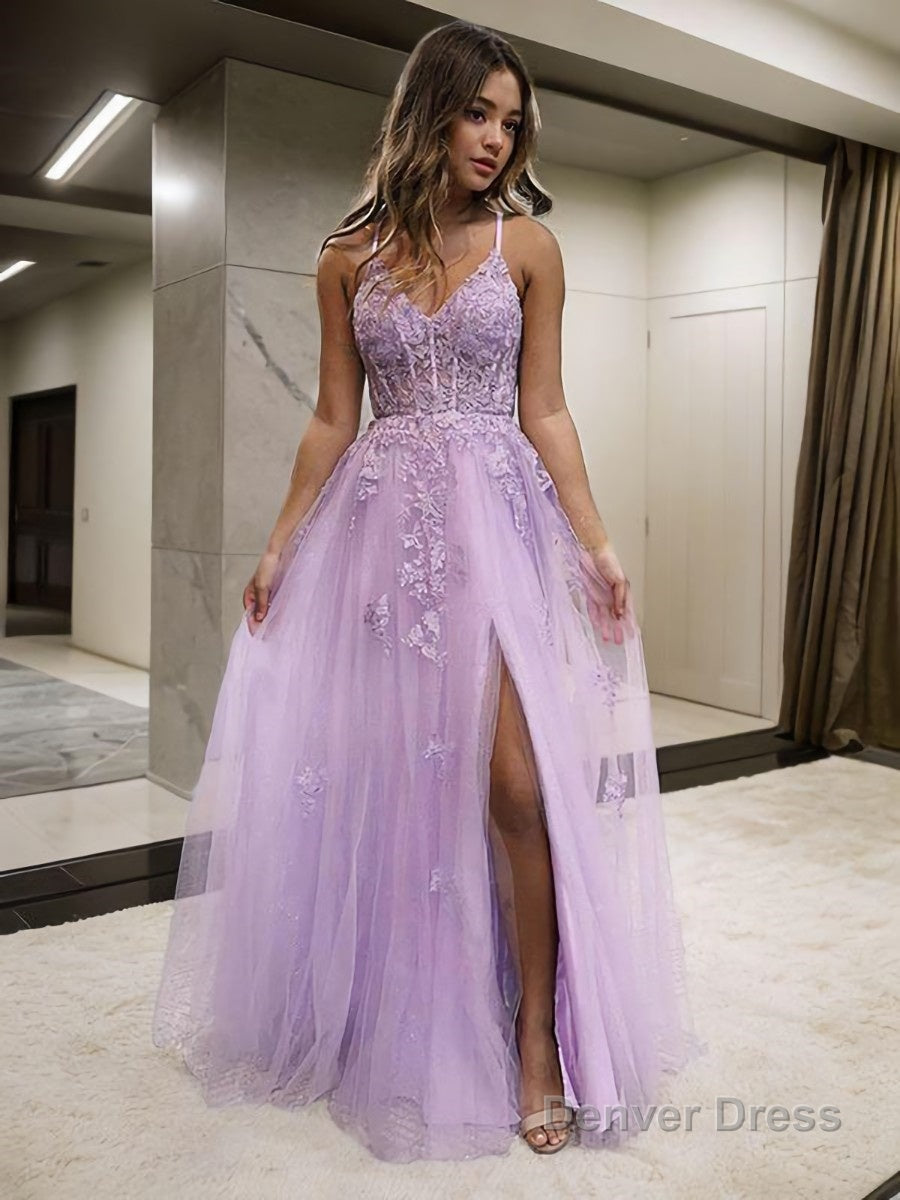 A Line V Neck Floor Length Tulle Prom Dresses With Leg Slit