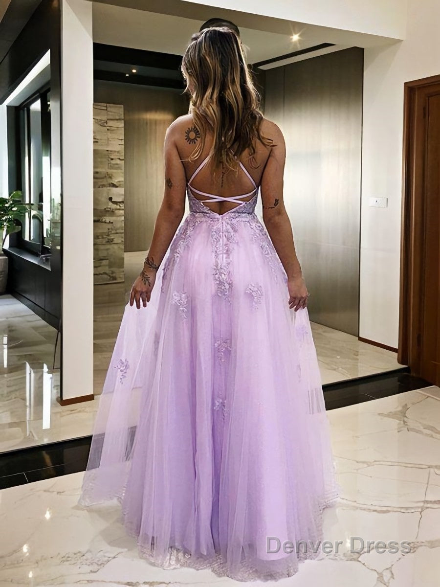 A-Line/Princess V-neck Floor-Length Tulle Prom Dresses With Leg Slit Secondary image