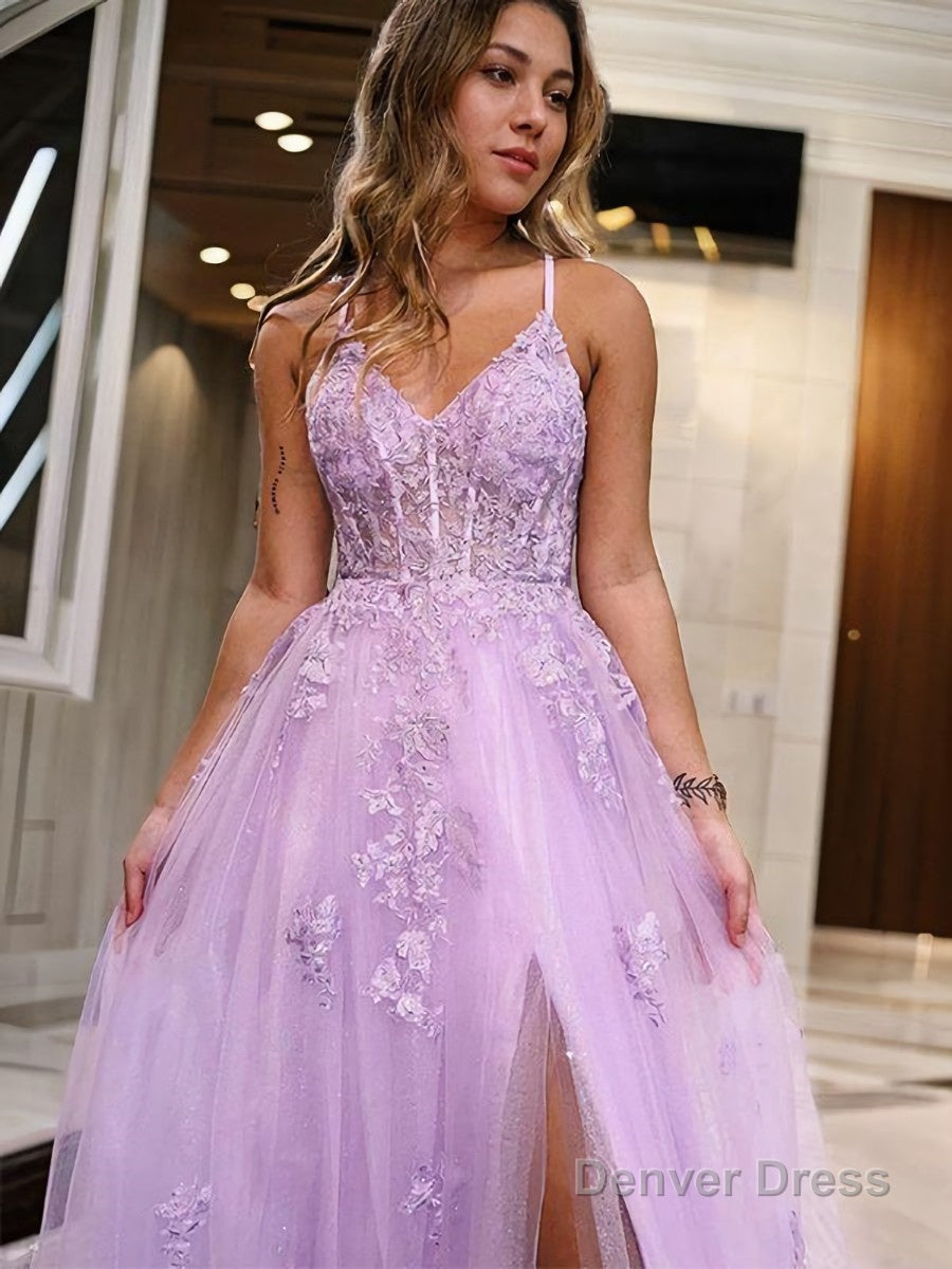 A Line V Neck Floor Length Tulle Prom Dresses With Leg Slit