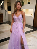 A Line V Neck Floor Length Tulle Prom Dresses With Leg Slit