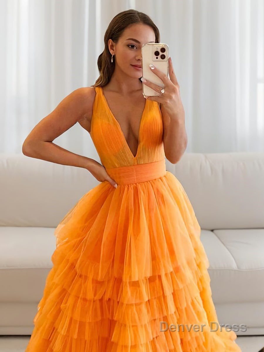 A Line V Neck Floor Length Tulle Prom Dresses With Ruffles