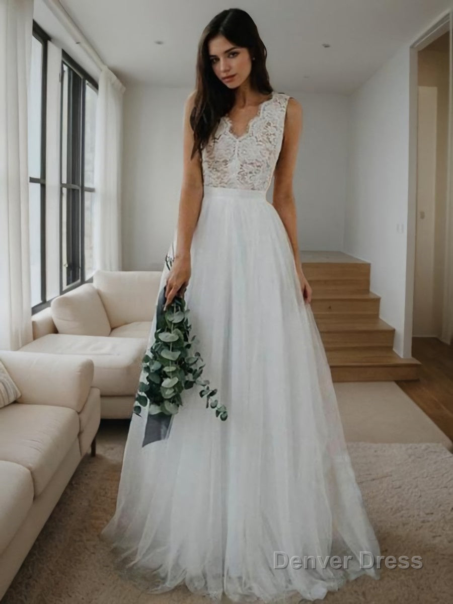 A Line V Neck Floor Length Tulle Wedding Dresses
