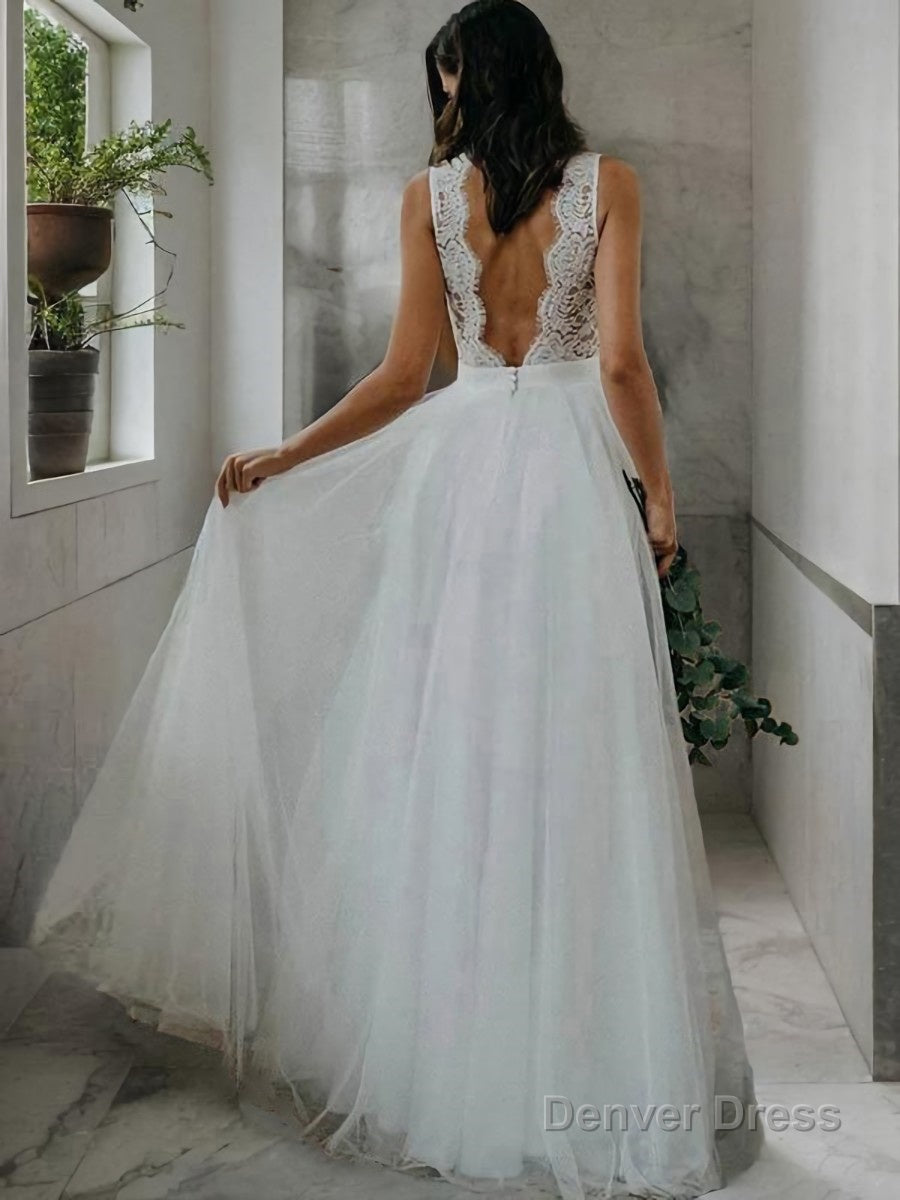 A Line V Neck Floor Length Tulle Wedding Dresses