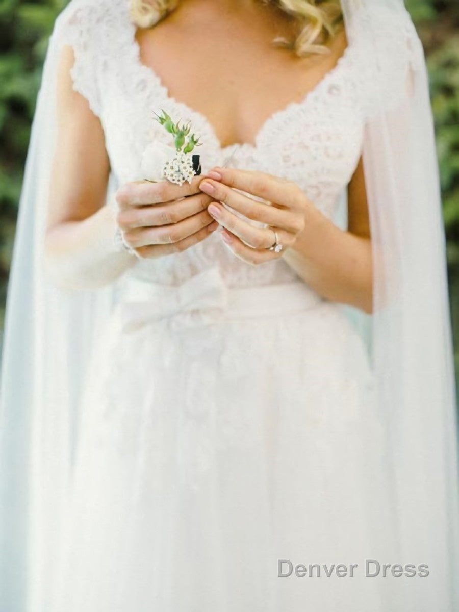 A Line V Neck Floor Length Tulle Wedding Dresses With Bow