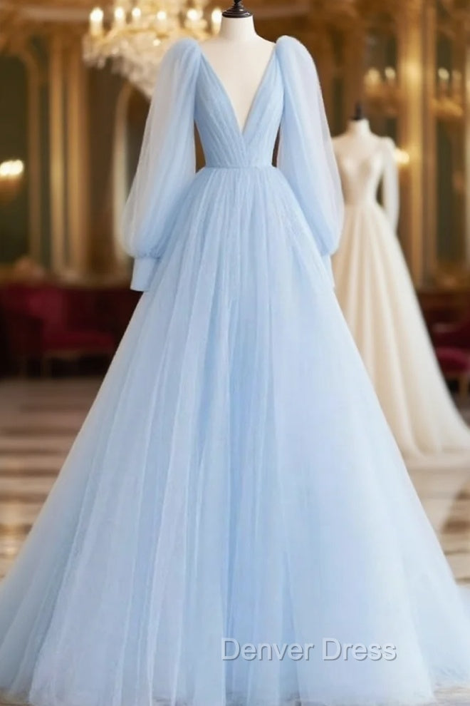 A-line Princess V Neck Full/Long Sleeve Court Train Tulle Prom Dresses- Prom Dresses