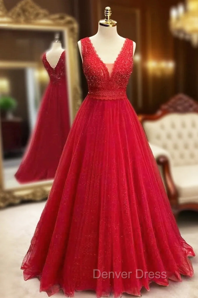 A-line Princess V Neck Long/Floor-Length Sparkly Tulle Prom Dresses With Appliqued Beading Glitter Main image