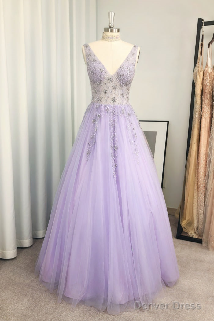 A-line/Princess V Neck Long/Floor-Length Tulle Prom Dresses With Beading Sequins Main image