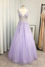 A-line/Princess V Neck Long/Floor-Length Tulle Prom Dresses With Beading Sequins