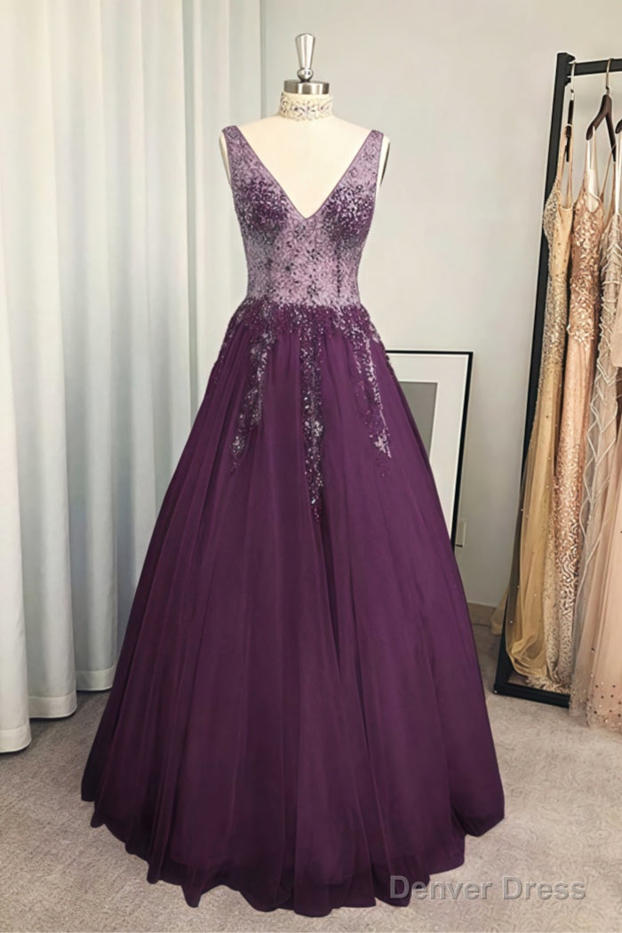 A Line V Neck Long Floor Length Tulle Prom Dresses With Beading Sequins