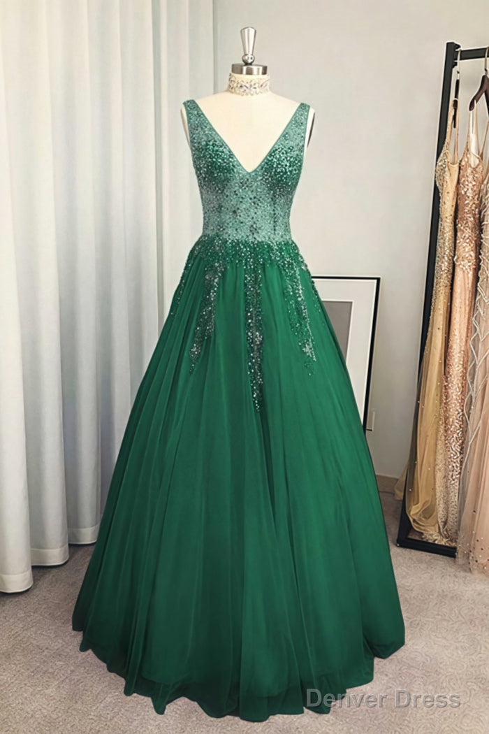 A Line V Neck Long Floor Length Tulle Prom Dresses With Beading Sequins