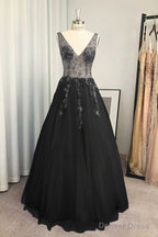A-line/Princess V Neck Long/Floor-Length Tulle Prom Dresses With Beading Sequins