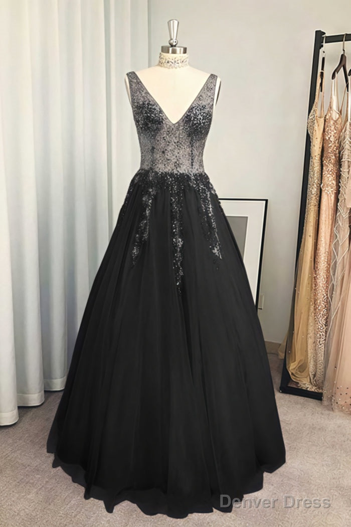 A Line V Neck Long Floor Length Tulle Prom Dresses With Beading Sequins