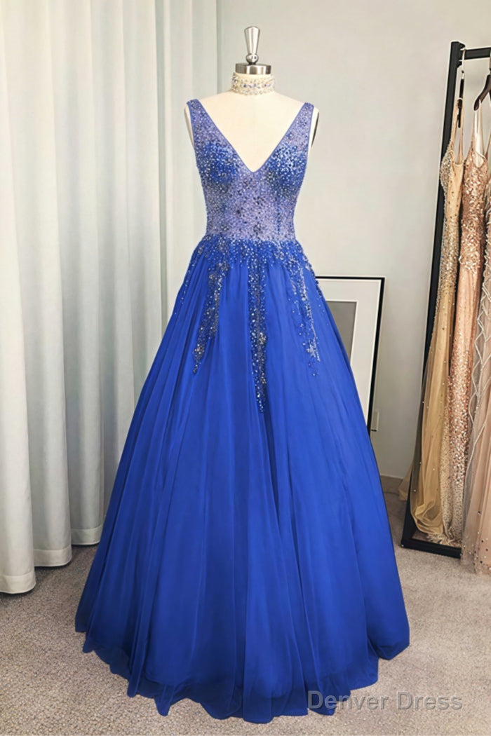 A Line V Neck Long Floor Length Tulle Prom Dresses With Beading Sequins