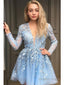 A Line V Neck Short Mini Lace Homecoming Dresses With Appliques Lace