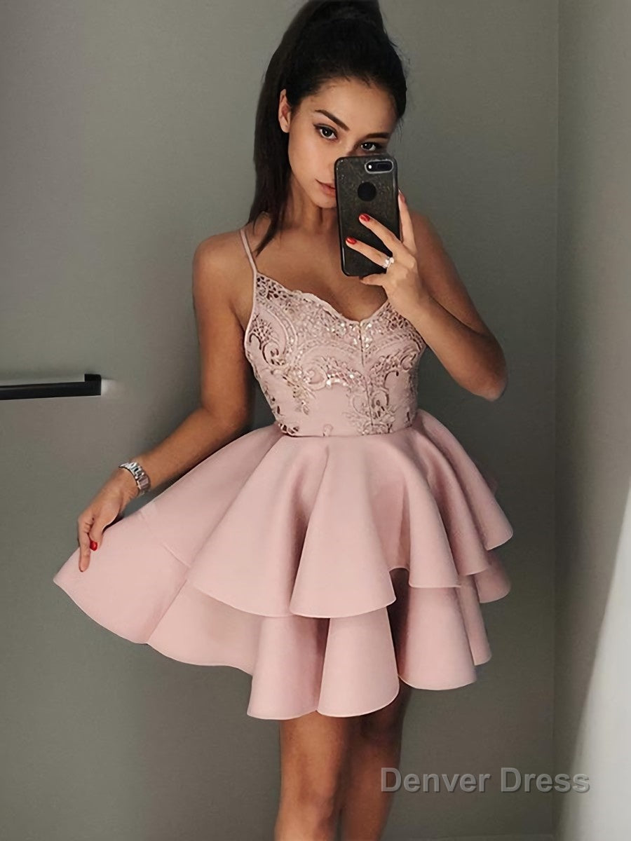 A Line V Neck Short Mini Satin Homecoming Dresses Main image