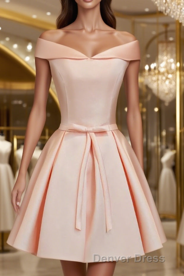 A Line V Neck Short Mini Satin Homecoming Dresses With Bow Main image