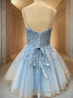 A Line V Neck Short Mini Tulle Homecoming Dresses With Appliques Lace