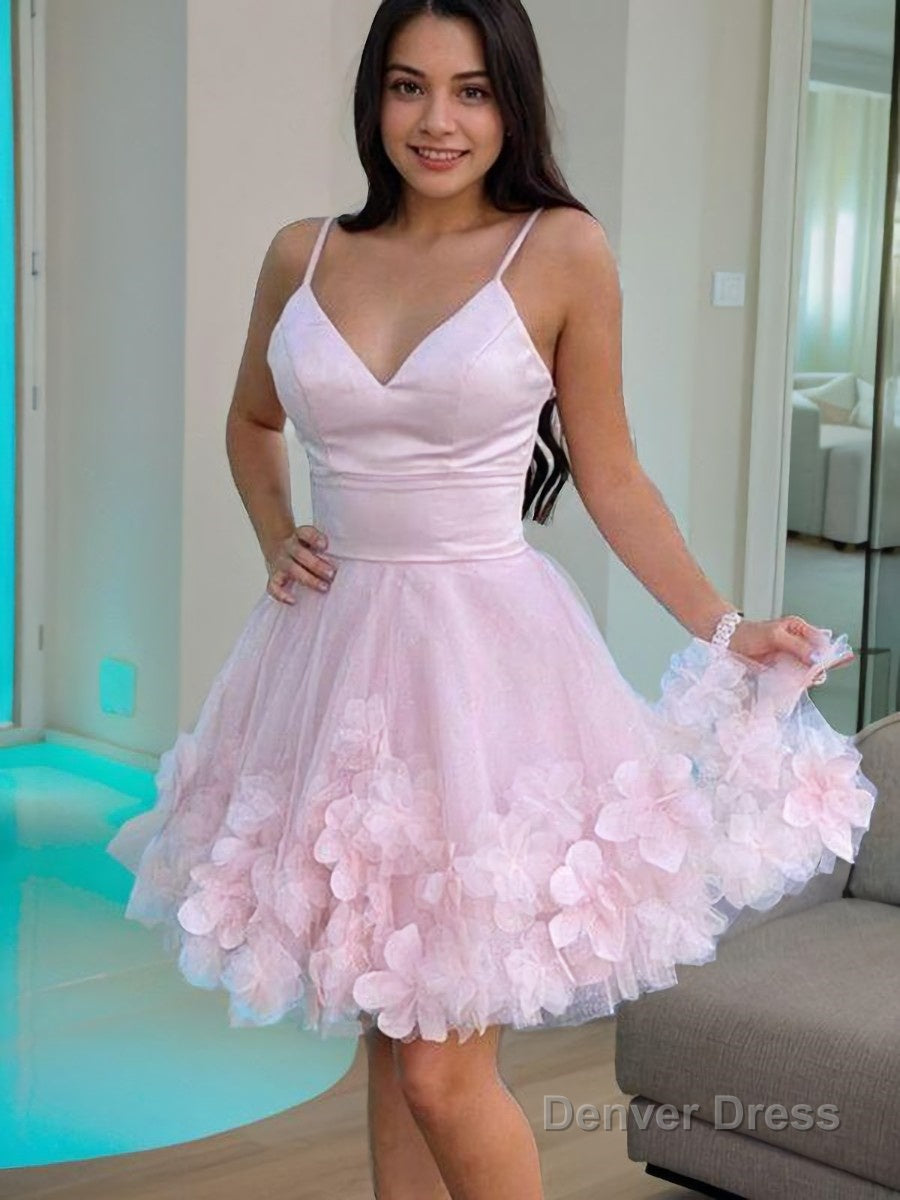 A Line V Neck Short Mini Tulle Homecoming Dresses With Flower