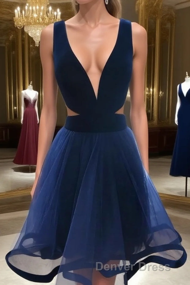 A Line V Neck Short Mini Tulle Homecoming Dresses With Ruffles