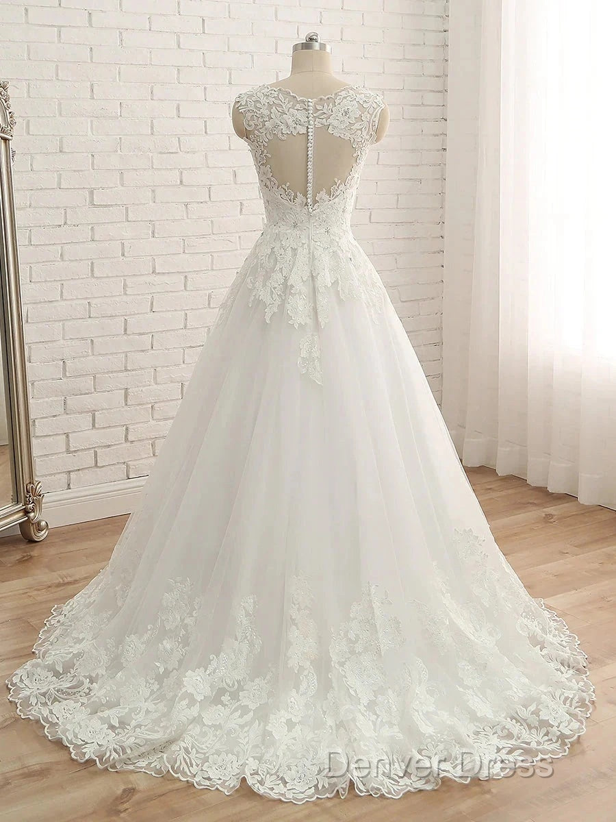 A Line V Neck Sleeveless Applique Tulle Floor Length Wedding Dresses Secondary image