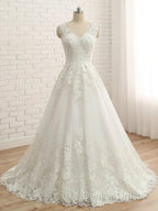 A Line V Neck Sleeveless Applique Tulle Floor Length Wedding Dresses