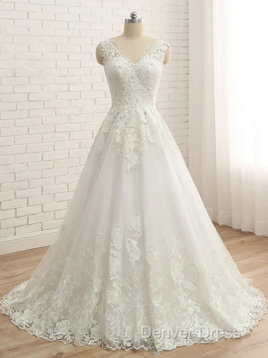 A Line V Neck Sleeveless Applique Tulle Floor Length Wedding Dresses