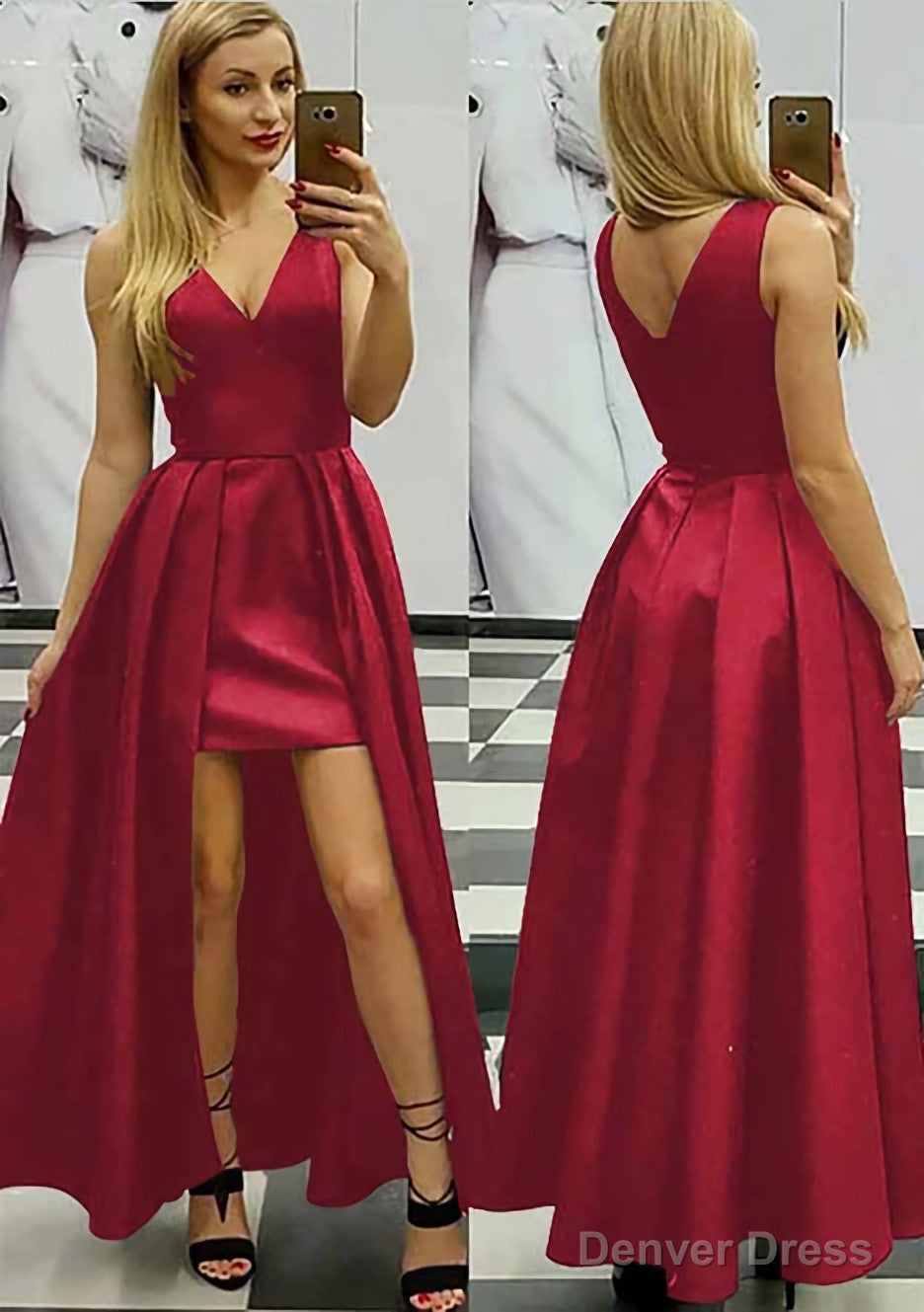 A Line V Neck Sleeveless Asymmetrical Satin Prom Dresses With Pleated