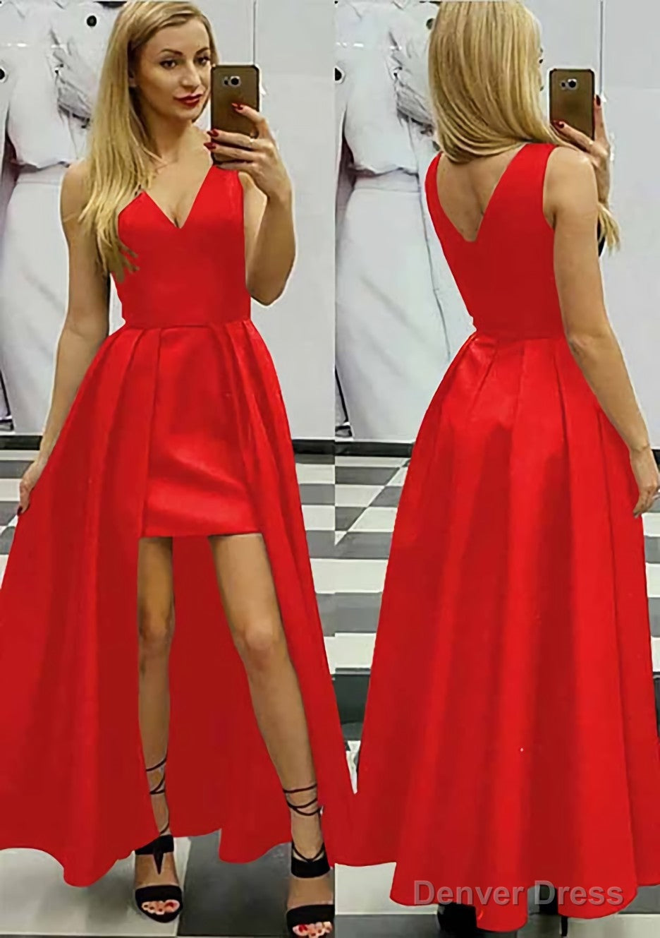 A Line V Neck Sleeveless Asymmetrical Satin Prom Dresses With Pleated