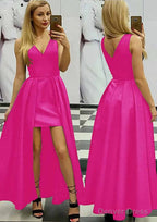 A-line/Princess V Neck Sleeveless Asymmetrical Satin Prom Dresses With Pleated
