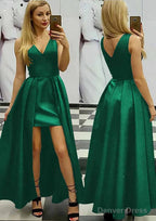 A Line V Neck Sleeveless Asymmetrical Satin Prom Dresses With Pleated