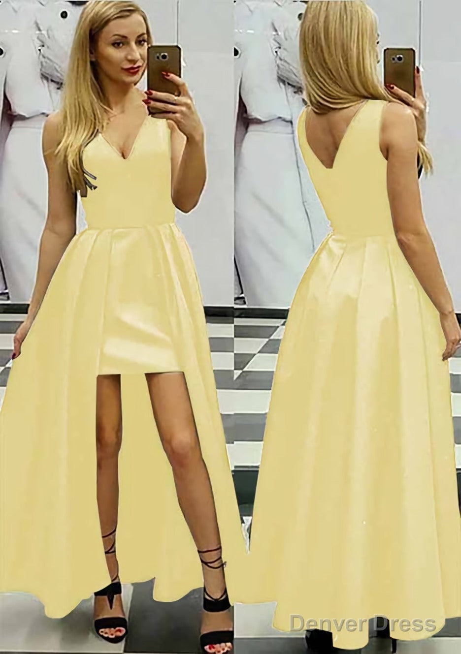 A-line/Princess V Neck Sleeveless Asymmetrical Satin Prom Dresses With Pleated