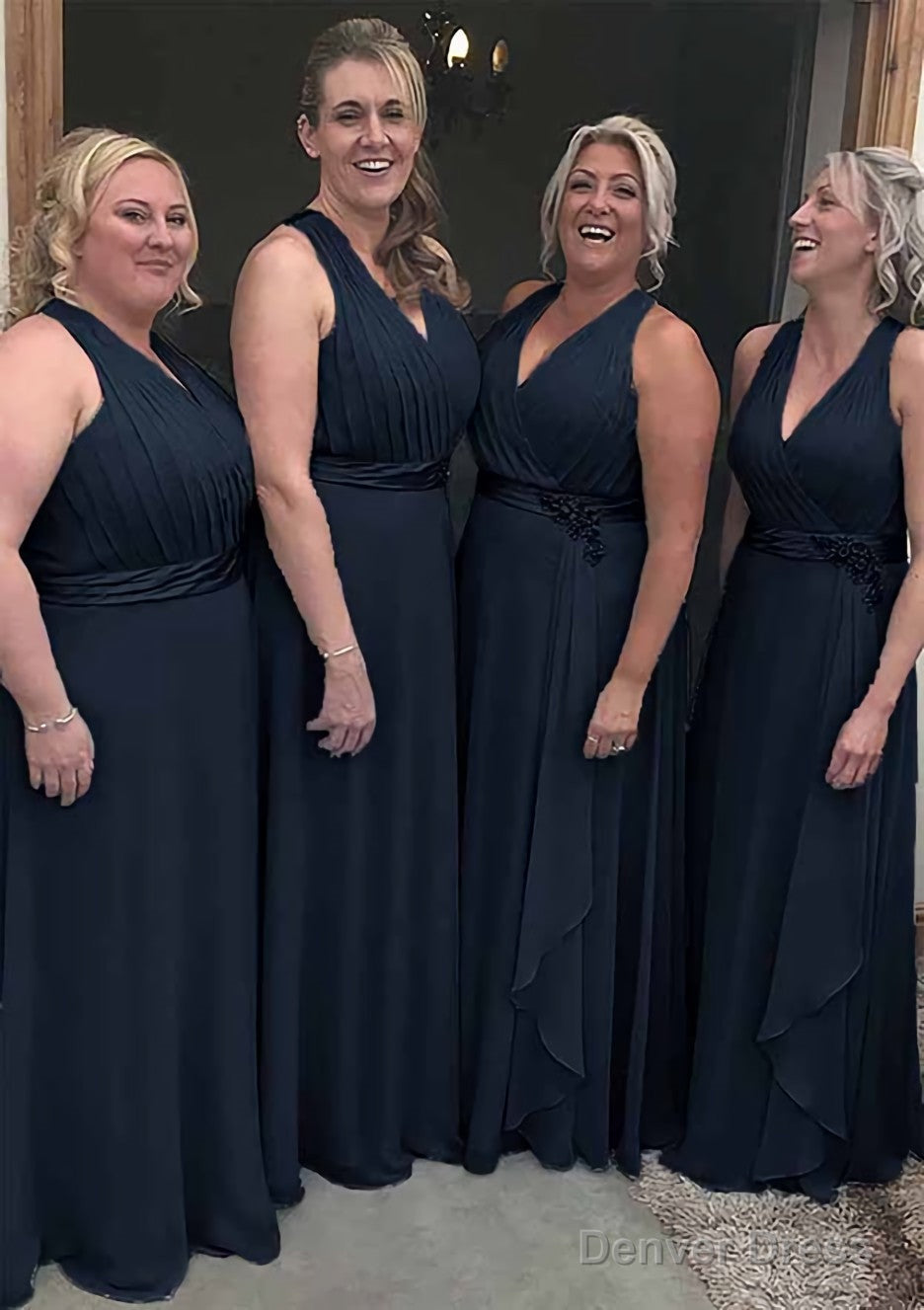 A Line V Neck Sleeveless Long Floor Length Chiffon Bridesmaid Dresses With Pleated Waistband Main image
