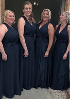 A Line V Neck Sleeveless Long Floor Length Chiffon Bridesmaid Dresses With Pleated Waistband