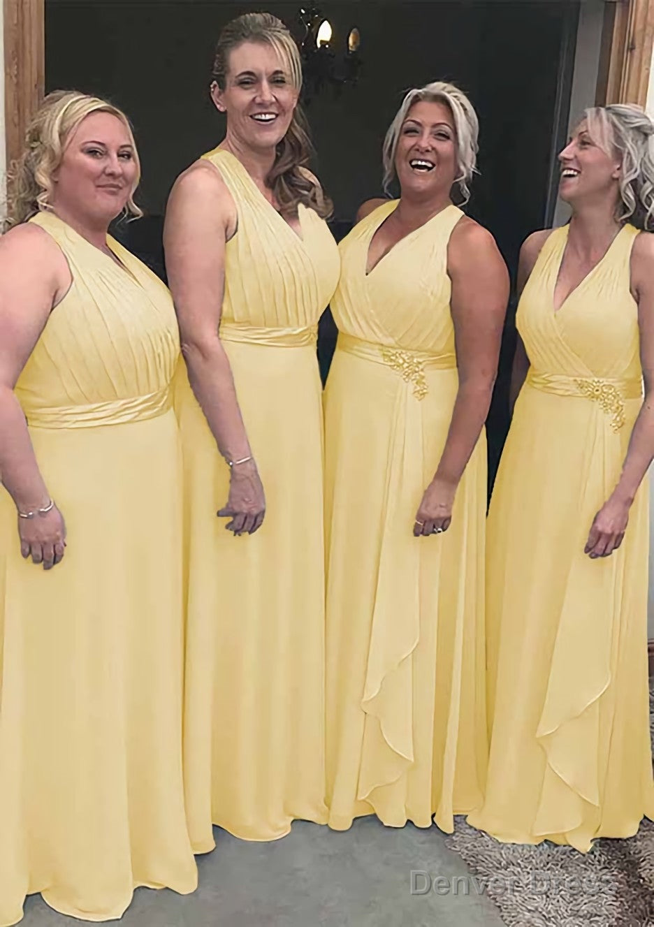 A Line V Neck Sleeveless Long Floor Length Chiffon Bridesmaid Dresses With Pleated Waistband